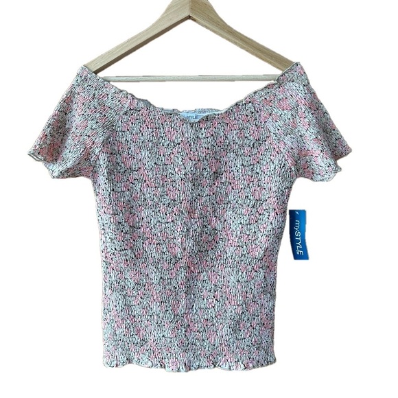 NWT MyStyle 100% Cotton Off Shoulder Top Shirring Smocked Pink Beige - Large - Picture 1 of 9